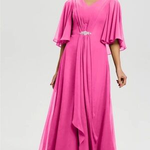 Fuchsia V‑Neck Maxi Dress with Draped Waist and Jewel Accent